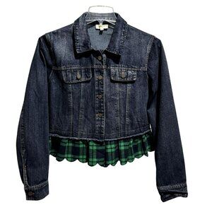 Umgee Denim Jacket Blue Green Plaid Ruffle Scallop Hem Cropped Sz L Streetwear